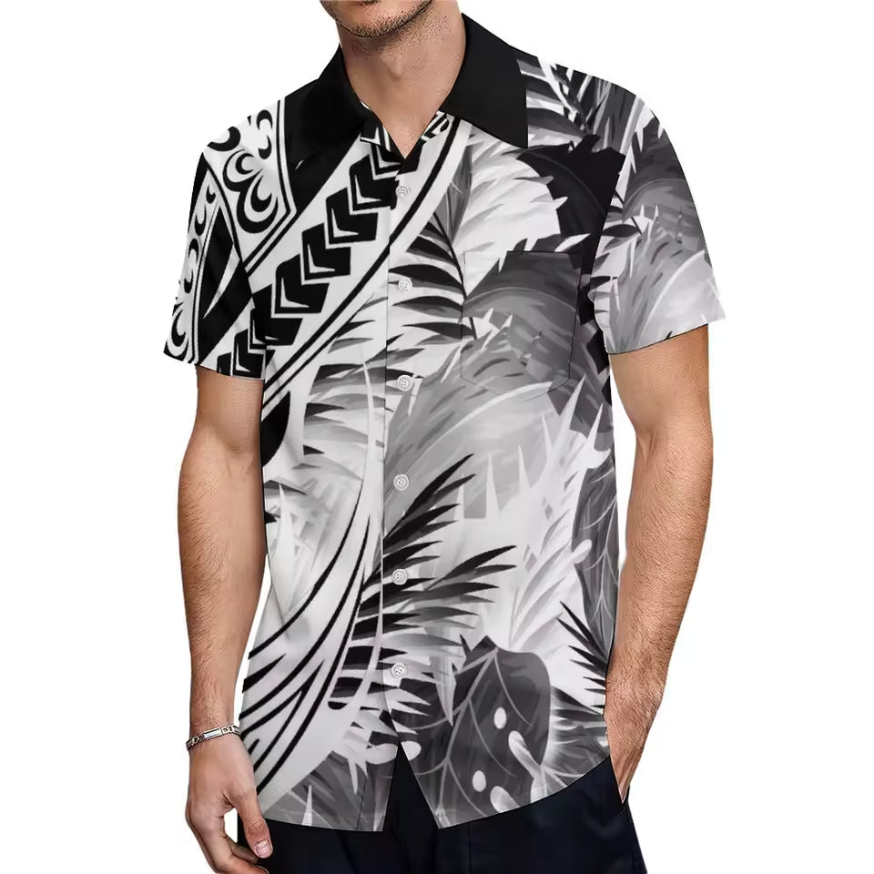 Polynesian Pattern Black Outfit For Couple Off Shoulder Lady Short Sleeve Dress And Men's Hawaiian Shirt