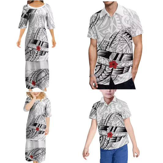 White Polynesian Tribal Pattern Printed Family Set Women's Puletasi Men'S Shirt Adult Children Matching Outfit For Family Clothing