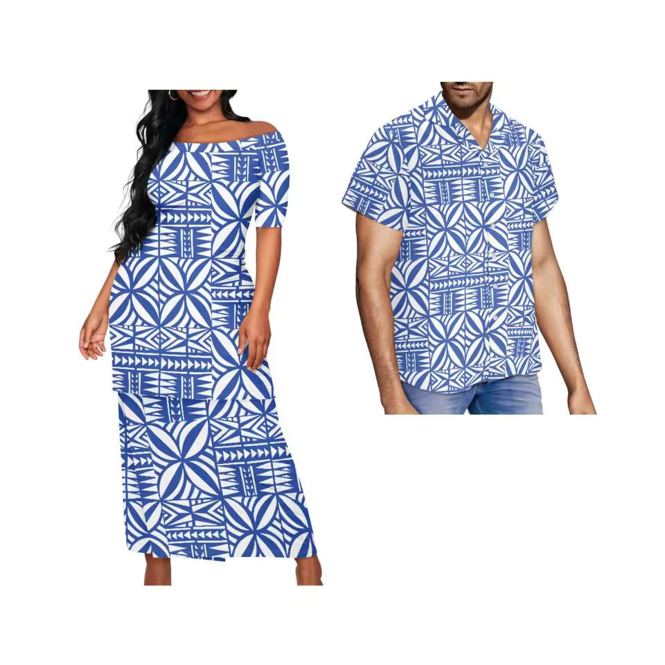 Samoa Couple Set Blue Polynesian Tribal Pattern Matching Outfit For Couple Puletasi Dress And Hawaiian Shirt