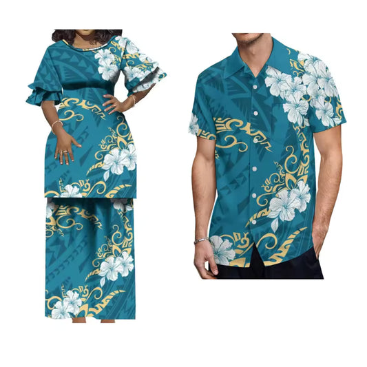 Polynesian Tribal Flowers Pattern Matching Outfit For Couple Crewneck Casual Puletasi Double layer Horn Sleeve Dress and Hawaii Shirt Island Couple Set