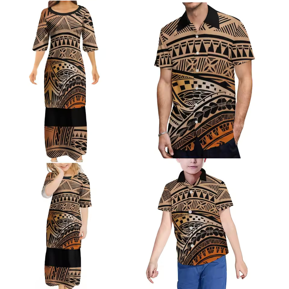 Polynesian Tribal Pattern  Family Set Women's Puletasi Men'S Shirt Adult Children Matching Set For Family