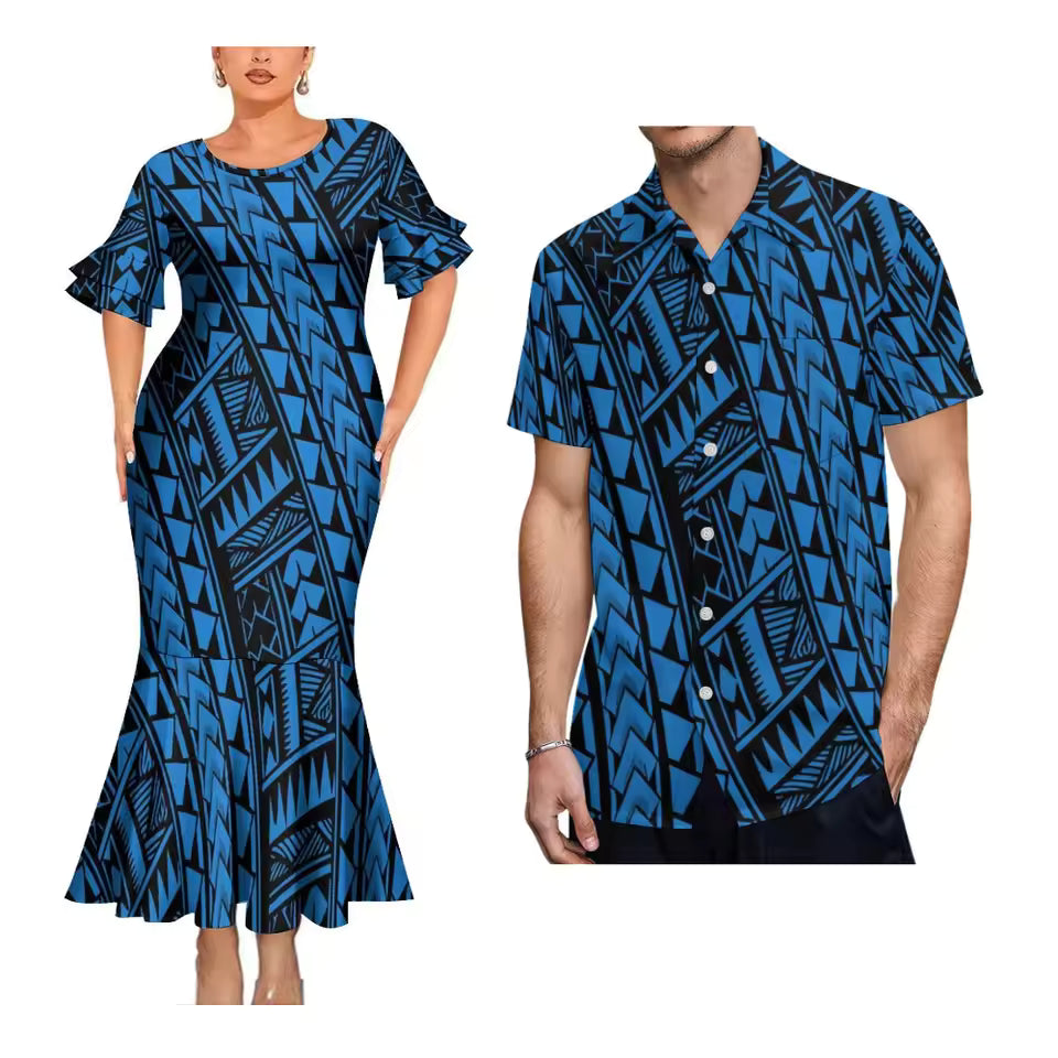 Island Style Matching Outfit For Couple Polynesian Tribal Printed Blue Short Sleeve Mermaid Long Dress And Hawaiian Shirt
