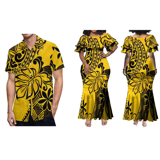 Polynesian Traditional Printed Island Leaf Yellow Fishtail Dress And Hawaiian Shirt Matching Outfit For Couple Set For Him Her