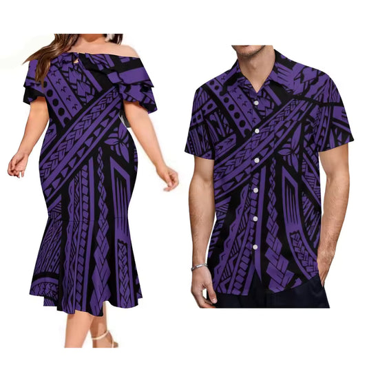 Purple Polynesian Tribal Pattern Matching Outfit For Couple Ruffled Fishtail Dress And Hawaiian Shirt Outfit Set