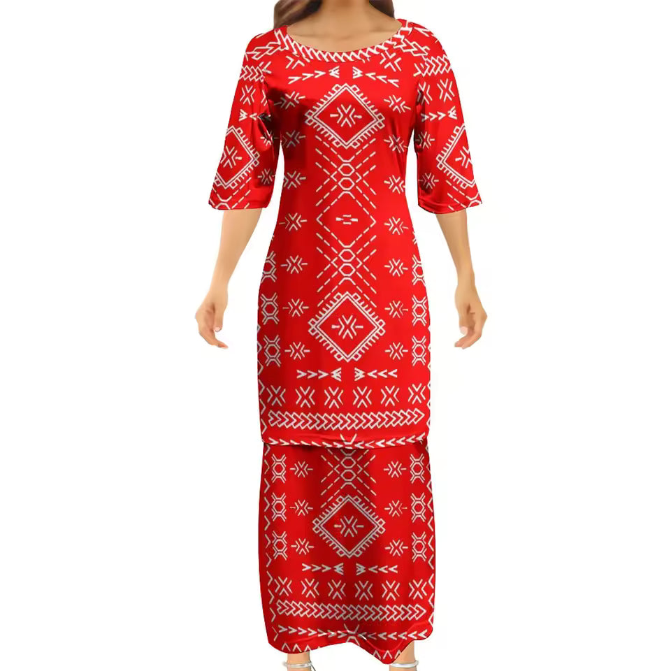 Samoan Light Red Puletasi Polynesian Tattoo Pattern Matching Outfit For Couple Women Dresses lady Design Dress Matching Men's Short-Sleeved Shirts Couple Suit