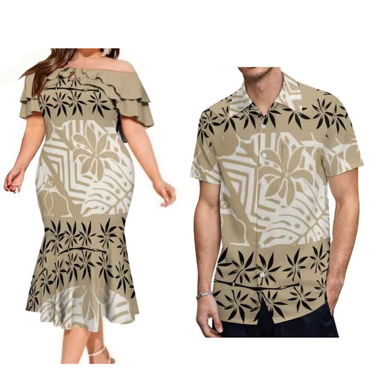 Polynesian Tribal Pattern Couple Matching Outfit For Family Flowers Dress Polynesian Ruffled Dress And Hawaiian Shirt For Him