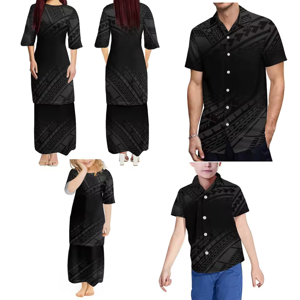 Polynesian Tribal Pacific Island Black Matching Outfit For Family Samoan Women'S Crew Neck Dress Puletasi Suit And Men'S Shirt Boys Girls Dress Matching Family Set