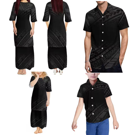Polynesian Tribal Pacific Island Black Matching Outfit For Family Samoan Women'S Crew Neck Dress Puletasi Suit And Men'S Shirt Boys Girls Dress Matching Family Set