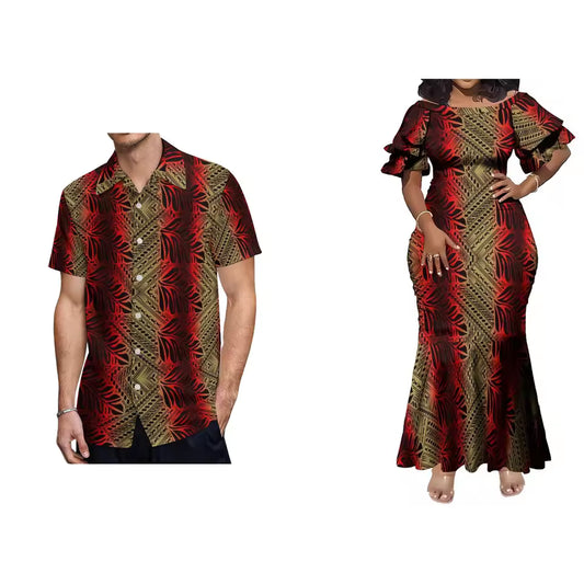 Polynesian Tribal Pattern Matching Outfit For Couple Island Matching Outfit Short Sleeve Mermaid Long Dress And Hawaii Shirt Couple Set