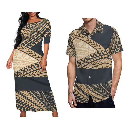 Polynesian Tribal Pattern Couple Matching Outfit Printed Samoa Puletasi Dress Two-Piece Suit With Men's Shirt Matching Set