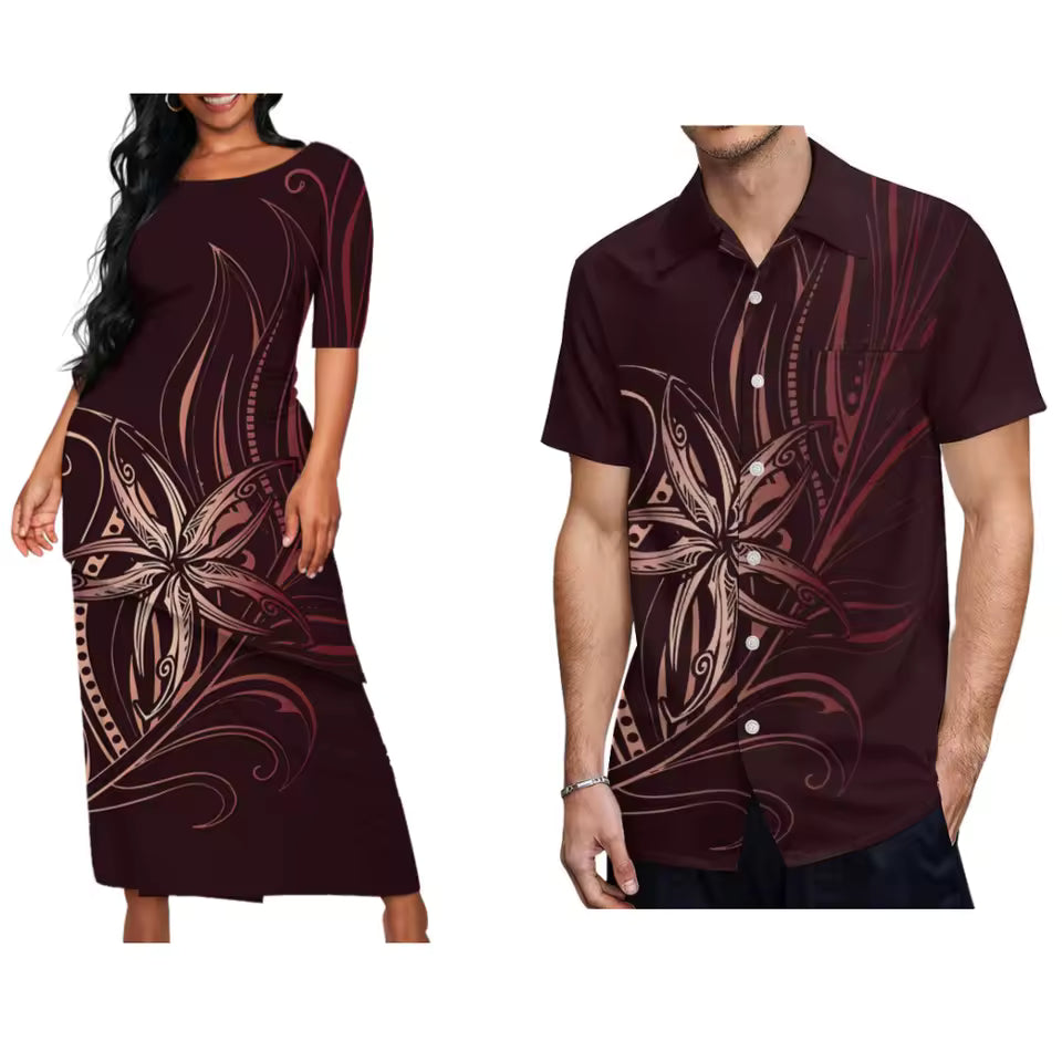 Polynesian Tribal Flowers Pattern Printed Couple Set Island Puletasi Dress Two-Piece Suit With Men's Shirt Blue Matching Outfit For Couple