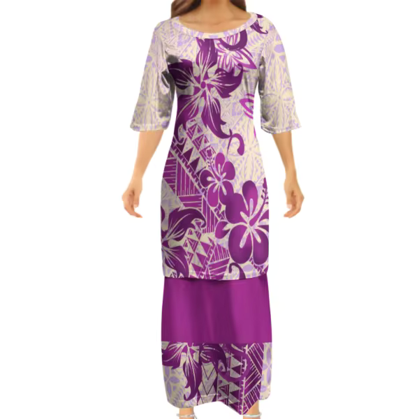 Flowers Polynesian Tribe Pattern Print Women'S Clothing Samoa Puletasi And Hawaiian Shirt Couple Set