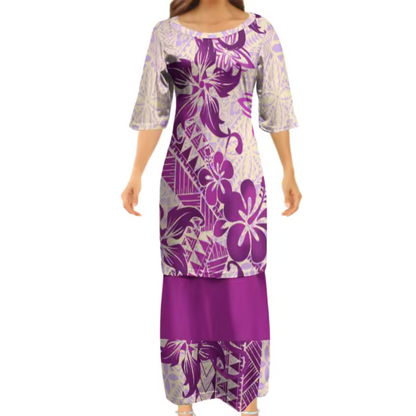 Flowers Polynesian Tribe Pattern Print Women'S Clothing Samoa Puletasi And Hawaiian Shirt Couple Set