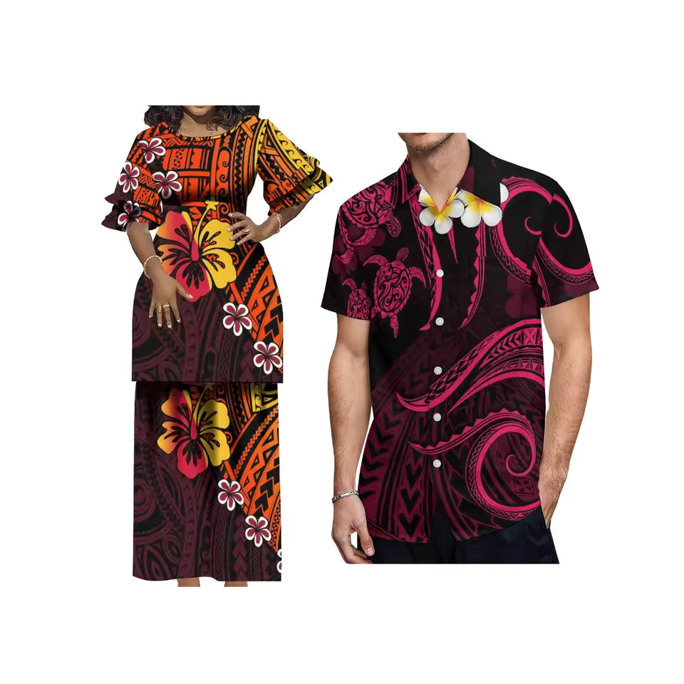 Polynesian Island Printed Tropical Flowers Turtlle Matching Outfit For Couple Puletasi Double layer Horn Sleeve Dress Couple Set