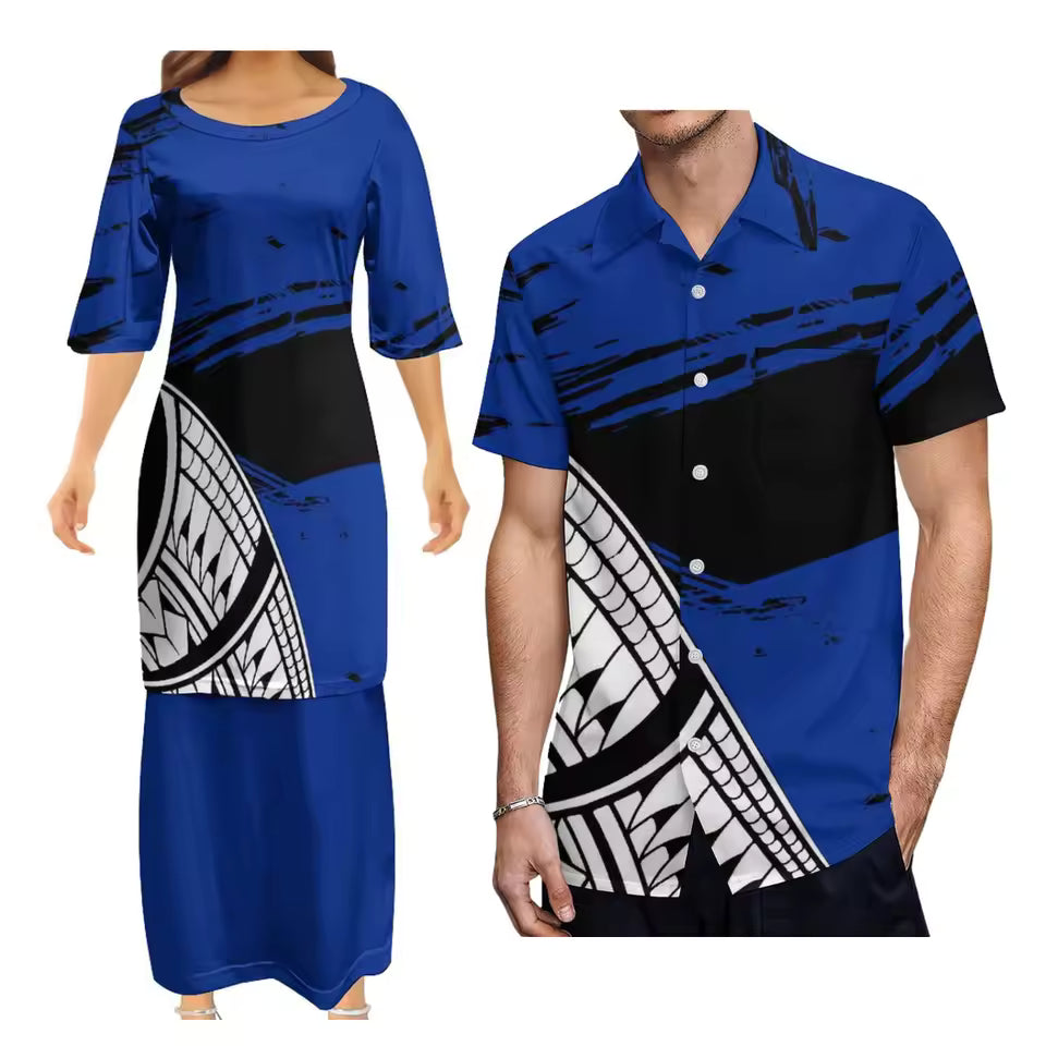 Couple Matching Outfit Polynesian Tribal Pattern Blue Samoa Dress Puletasi Dress Two-Piece Suit With Men's Shirt