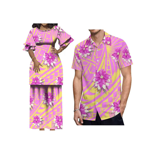 Polynesian Island Printed Flowers Matching Outfit For Couple Puletasi Double layer Horn Sleeve Dress Couple Set