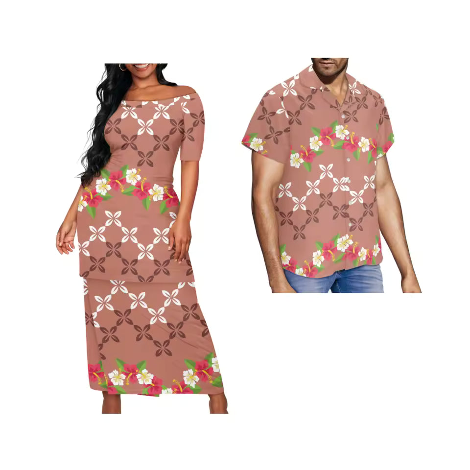 Samoa Couple Set Plumerai Flowers Polynesian Tribal Pattern Printed Matching Outfit For Couple Traditional Puletasi Dress And Hawaiian Shirt