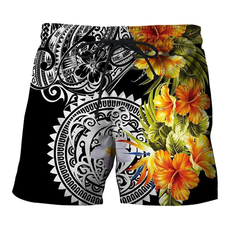 Sea Turtle Short Pants For Men Floral Leaf Plant Polynesian Tribal Pattern Hibiscus Flowers Men Short