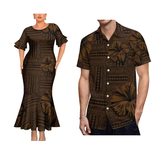 Hibiscus Flowers Polynesian Printed Couple Matching Outfit Polynesian Tribal Island Short Sleeve Mermaid Long Dress And Hawaiian Shirt Outfit Set