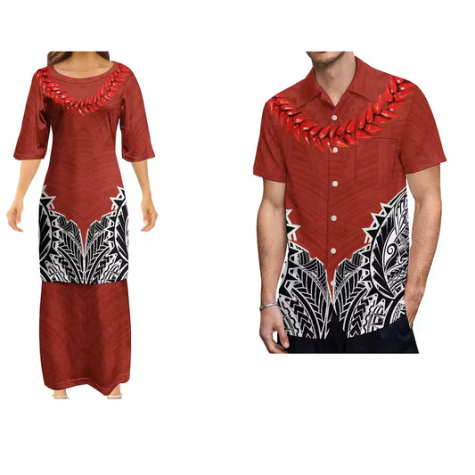 Red Polynesian Pattern Printed Matching Outfit for Couple Women's Dress Men's Shirt Couple Suit Samoan Necklace Polynesian Couple Set