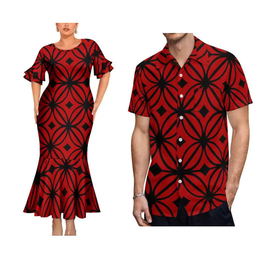 Polynesian Printed Red Couple Matching Outfit Polynesian Tribal Tribal Short Sleeve Mermaid Long Dress And Hawaiian Shirt Outfit Set