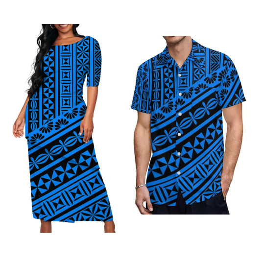 Polynesian Tribal Pattern Couple Matching Outfit Printed Blue Samoa Puletasi Dress Two-Piece Suit With Men's Shirt Matching Set