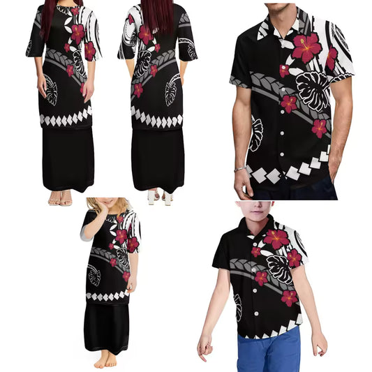 Polynesian Tribal Pacific Island Design Matching Outfit For Family Samoan Women'S Crew Neck Dress Puletasi Suit And Men'S Shirt Boys Girls Dress Matching Family Set