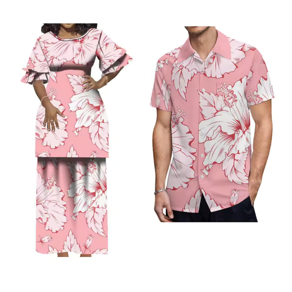 Polynesian Tribal Flowers Pattern Pink Matching Outfit Crewneck Casual Puletasi Double layer Horn Sleeve Dress and Hawaii Shirt Island Couple Set