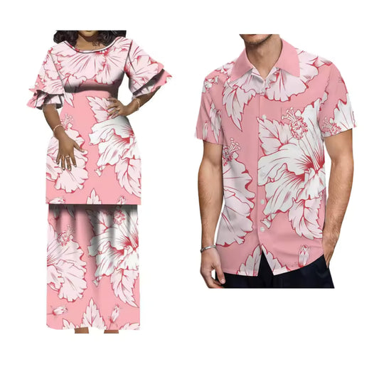 Polynesian Tribal Flowers Pattern Pink Matching Outfit Crewneck Casual Puletasi Double layer Horn Sleeve Dress and Hawaii Shirt Island Couple Set