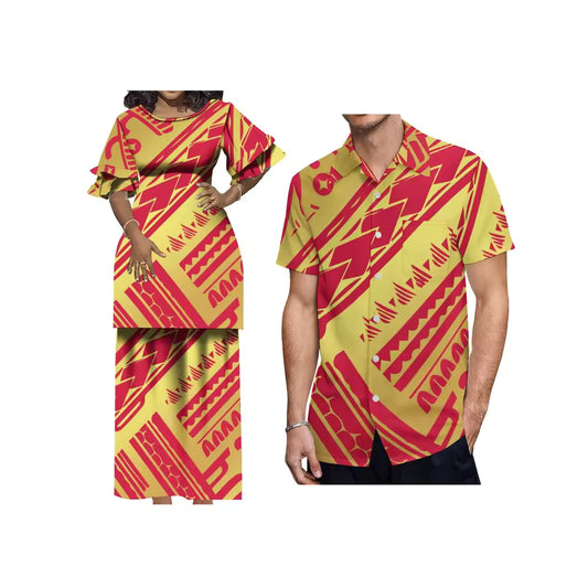 Polynesian Island Printed Samoa Orange Matching Outfit For Couple Puletasi Double layer Horn Sleeve Dress Couple Set