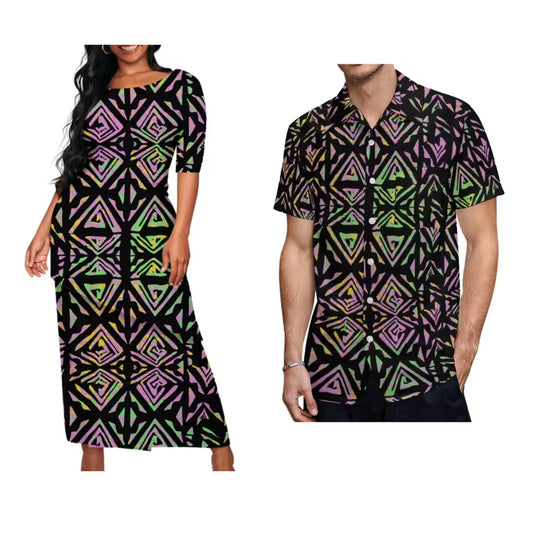 Pacific Island Polynesian Tribal Pattern Matching Outfit For Couple Puletasi Dress And Hawaiian Shirts Party Couple Set For Her Him