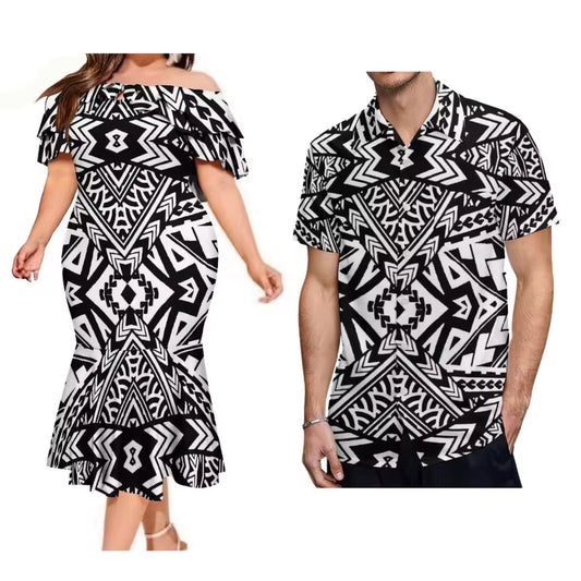 Polynesian Tribal Pattern Tropical Matching Outfit For Couple Black Ruffled Fishtail Dress And Hawaiian Shirt Ourfit Set