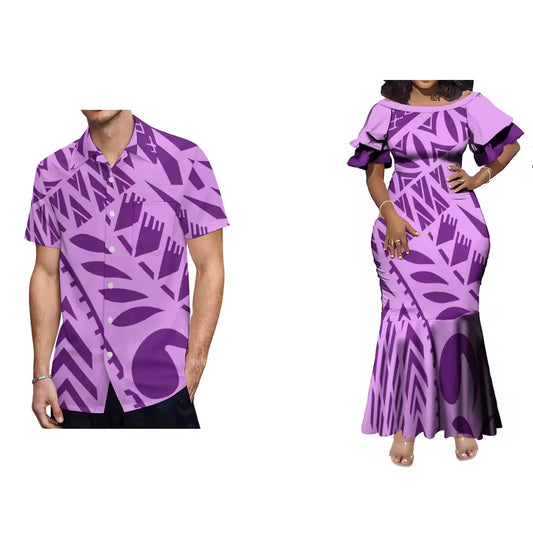 Polynesian Tribal Printed Couple Set For Her Him Island Matching Outfit Short Sleeve Mermaid Long Dress And Hawaiian Shirt
