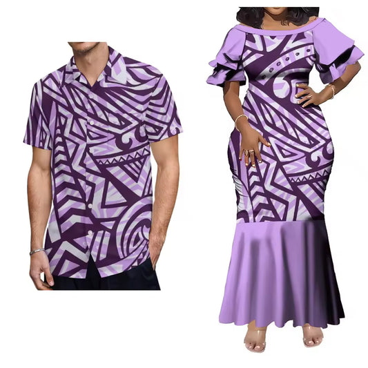 Pacific Island Polynesian Tribal Pattern Matching Outfit For Him Her Women'S Short-Sleeved Mermaid Dress Party Men Shirt Couple Set