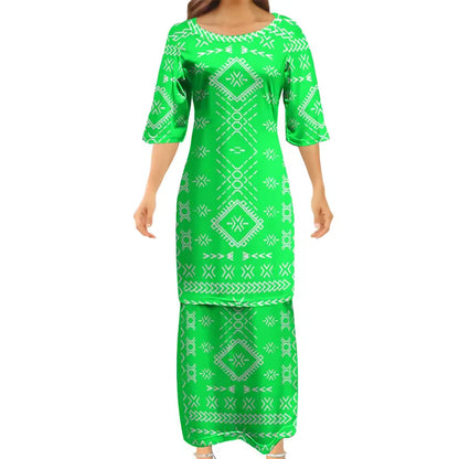 Samoan Green Neon Puletasi Polynesian Tattoo Pattern Matching Outfit For Couple Women Dresses lady Design Dress Matching Men's Short-Sleeved Shirts Couple Suit