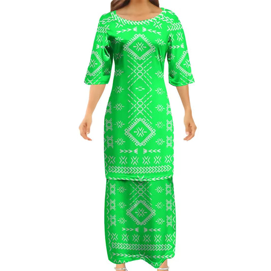 Samoan Green Neon Puletasi Polynesian Tattoo Pattern Matching Outfit For Couple Women Dresses lady Design Dress Matching Men's Short-Sleeved Shirts Couple Suit