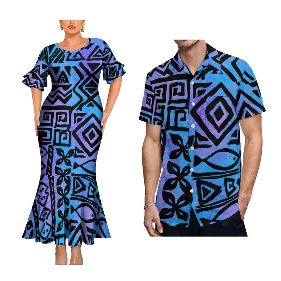 Polynesian Pattern Printed Couple Matching Outfit Polynesian Tribal Short Sleeve Mermaid Long Dress And Hawaiian Shirt