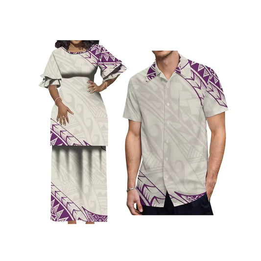 Polynesian Tribal Printed Samoa Matching Outfit For Couple Puletasi Double layer Horn Sleeve Dress Couple Set