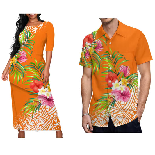 Polynesian Flowers Pattern Printed Couple Set Tropical Puletasi Dress Two-Piece Suit With Men's Shirt Blue Matching Outfit For Couple