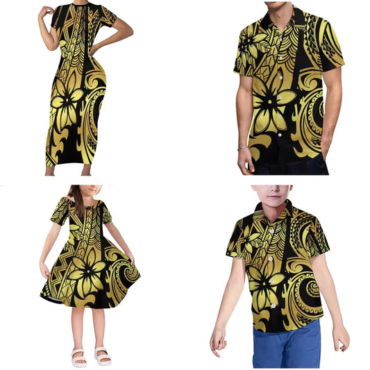Leaf Yellow Pattern Matching Family Outfits Body Long Dress For Her And Shirt For Him