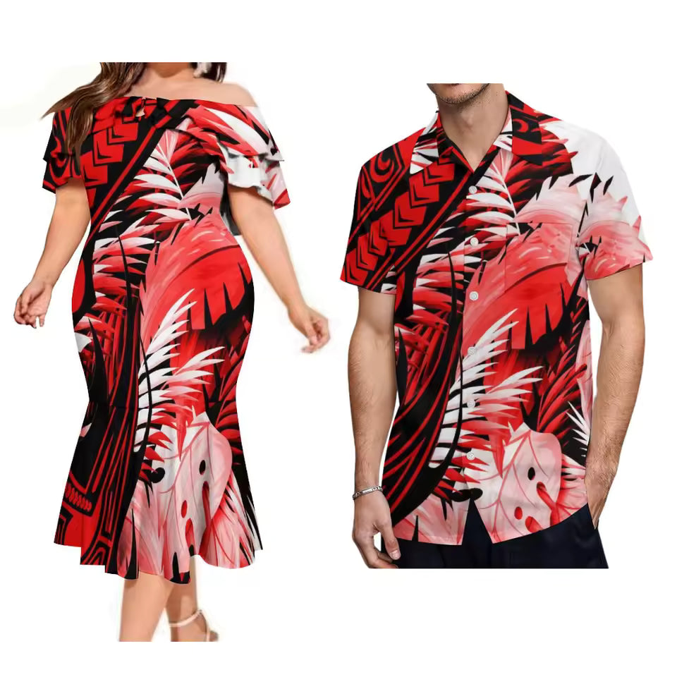 Polynesian Tropical Pattern Couple Set Printed Ruffled Fishtail Dress And Hawaiian Shirt Matching Ourfit For Couple