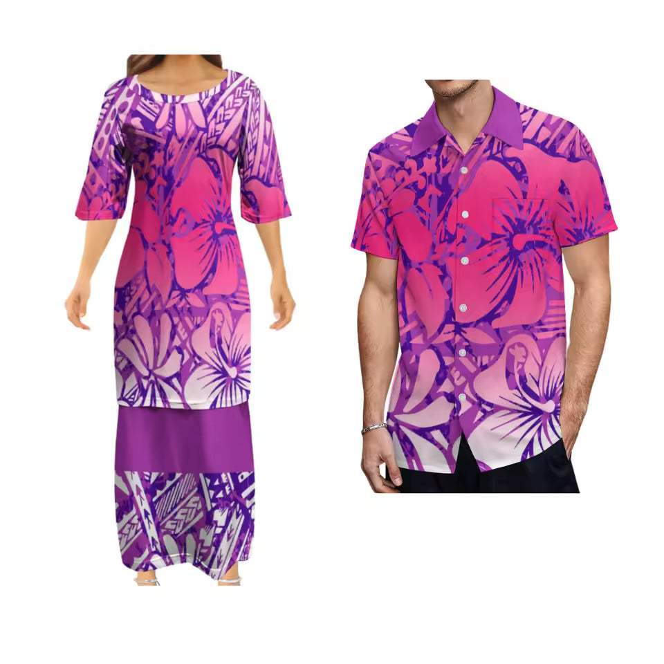Polynesian Tribe Flowers Pattern Matching Outfit For Couple Ladies Elegant Puletasi Dress For Her And Hawaiian Shirt