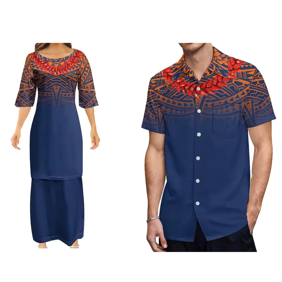 Samoan Necklace Polynesian Flowers Pattern Blue Matching Outfit For Couple Polynesian Puletasi Dress And Hawaiian Shirts Couple Set