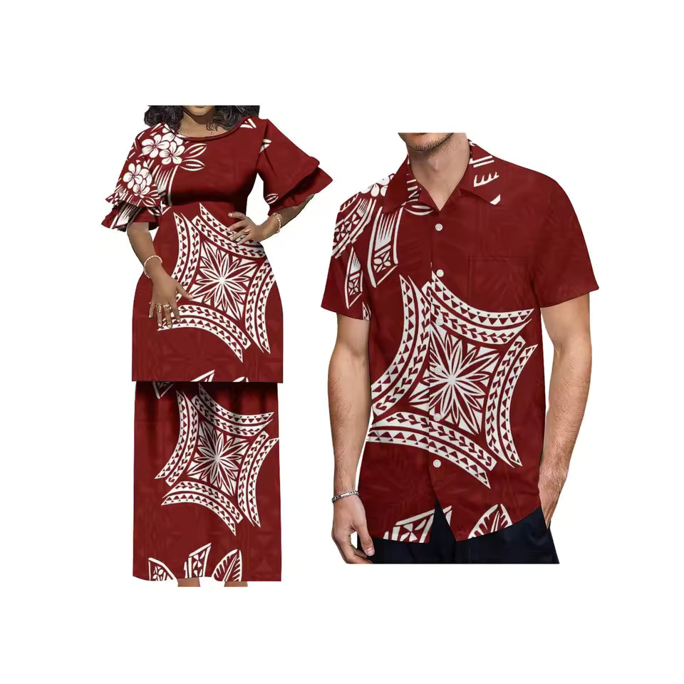 Polynesian Tribal Flowers Pattern Samoa Red Matching Outfit For Couple Puletasi Double layer Horn Sleeve Dress Couple Set
