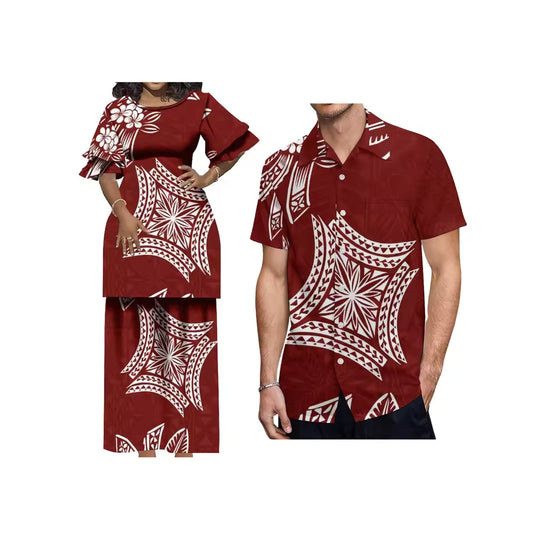 Polynesian Tribal Flowers Pattern Samoa Red Matching Outfit For Couple Puletasi Double layer Horn Sleeve Dress Couple Set