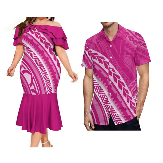 Polynesian Tribal Pattern Couple Set Printed Summer Polynesian Pink Ruffled Fishtail Dress And Hawaiian Shirt Matching Ourfit For Couple