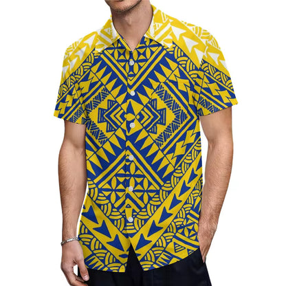 Island Style Matching Outfit For Couple Polynesian Printed Yellow Short Sleeve Mermaid Long Dress And Hawaiian Shirt