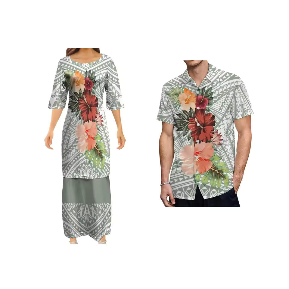 Hibiscus Flowers Polynesian Tribal Pattern Couple Matching Outfit Shirts for Men Puletasi Traditional Dress Couple Set