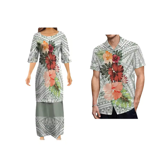 Hibiscus Flowers Polynesian Tribal Pattern Couple Matching Outfit Shirts for Men Puletasi Traditional Dress Couple Set