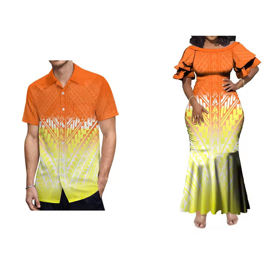 Polynesian Tribal Pattern Matching Outfit For Couple Women'S Short-Sleeved Mermaid Dress Party Men's Hawaiian Shirt